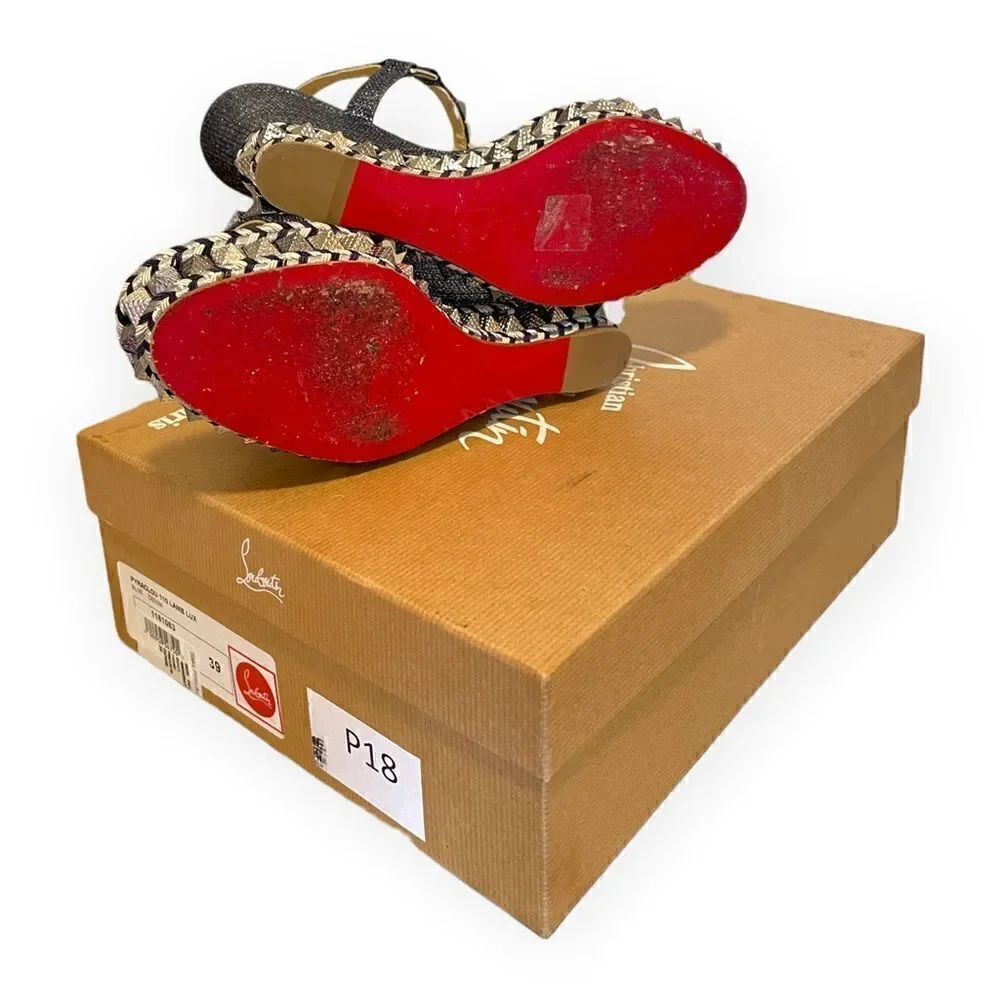 CHRISTIAN LOUBOUTIN Denim Lame Lux Pyraclou 110 Wedge Sandals |Size: 39|